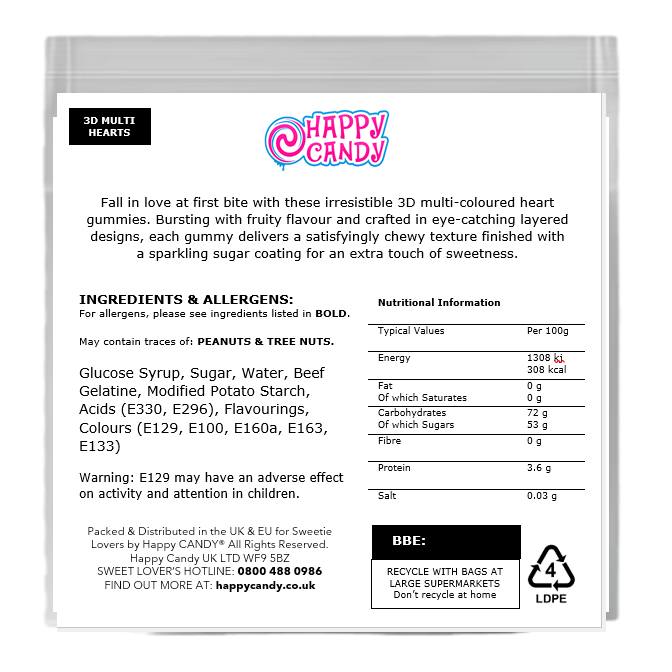 3D Multi-Coloured Hearts Sugared Gummies
