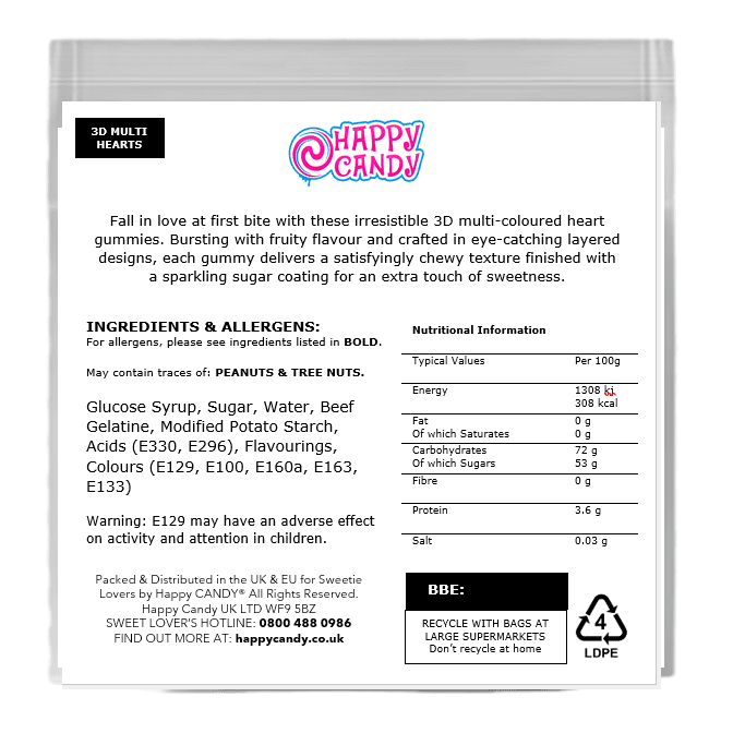 3D Multi - Coloured Hearts Sugared Gummies