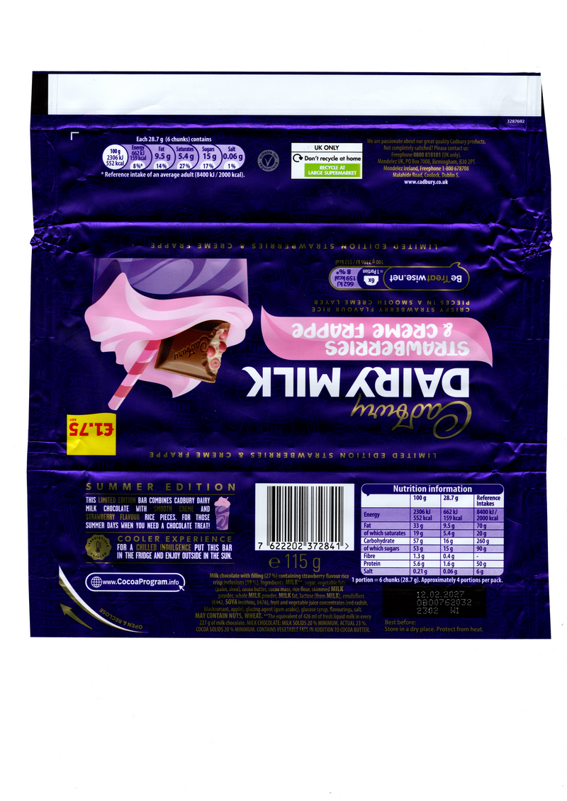 Cadbury Dairy Milk Strawberries & Creme Frappe Chocolate Bar 115g