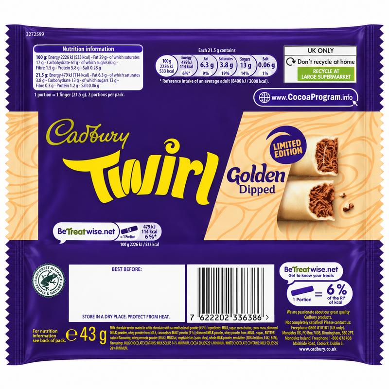 Cadbury Twirl GOLDEN DIPPED Milk Chocolate Bar (LIMITED EDITION) 43g