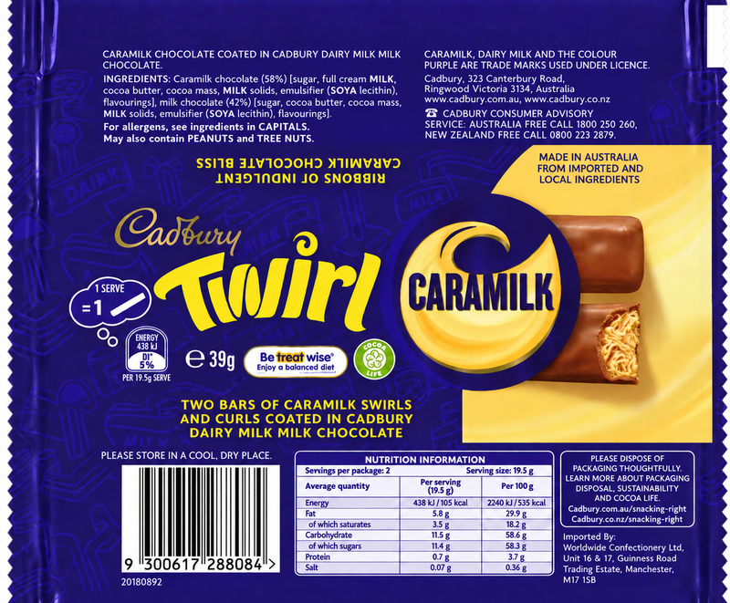 Cadbury Twirl CARAMILK Milk Chocolate Bar (AUSTRALIA) 39g