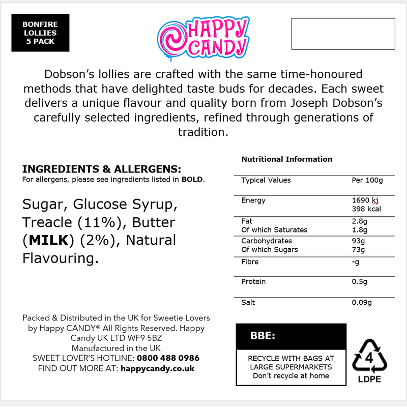 Dobsons BONFIRE TOFFEE Mega Lollies INDIVIDUALLY WRAPPED 5 Pack