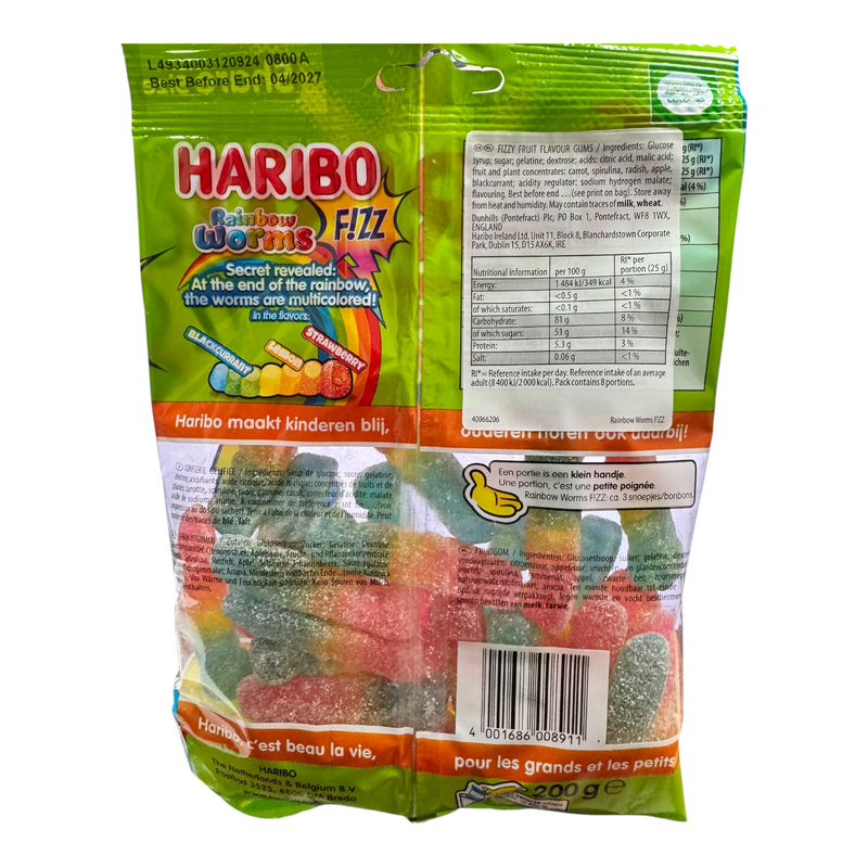 Haribo Rainbow Worms FIZZ Sweets Share Bag (IMPORT) 200g