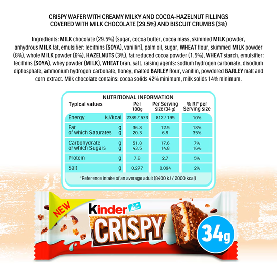 Kinder CRISPY Wafer Chocolate & Hazelnut Bar Multipack 5x34g