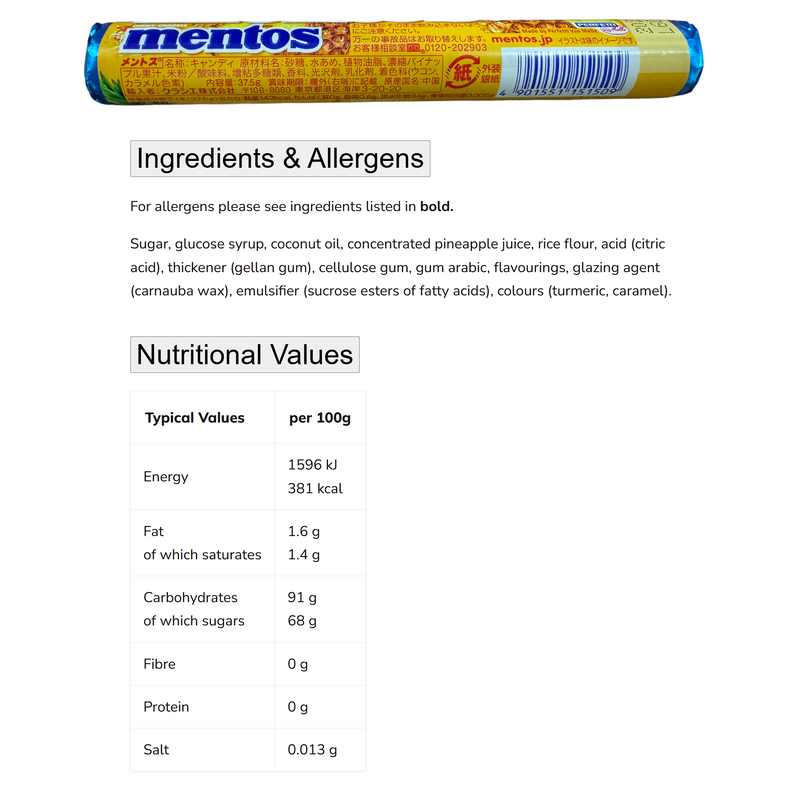 Mentos PINEAPPLE Chewy Dragees Roll (JAPAN) 37.5g