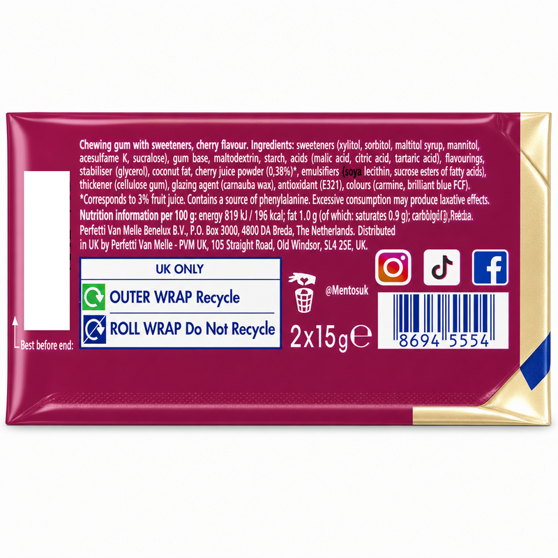 Mentos Pure Fresh Cherry Sugar Free Chewing Gum 16 Piece (2x15g)