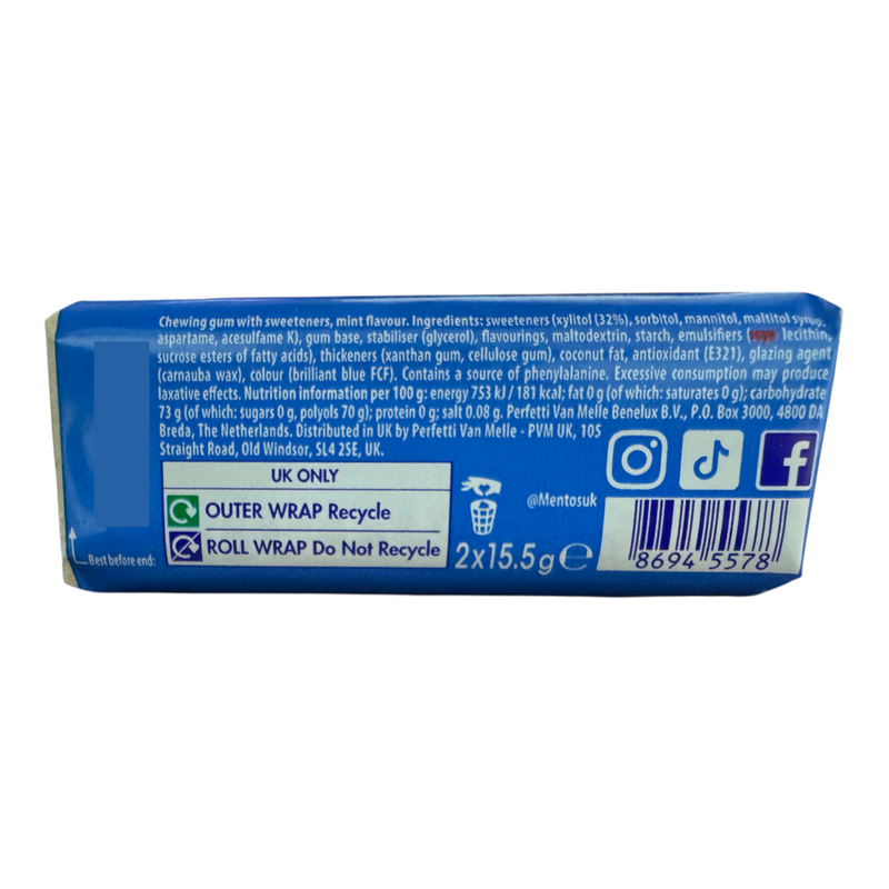 Mentos Pure Fresh MINT Sugar Free Chewing Gum 16 Piece (2X15g)