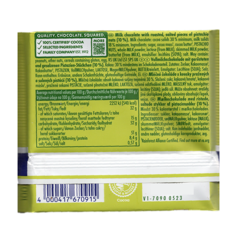 Ritter Sport Pistachio Milk Chocolate Bar 100g