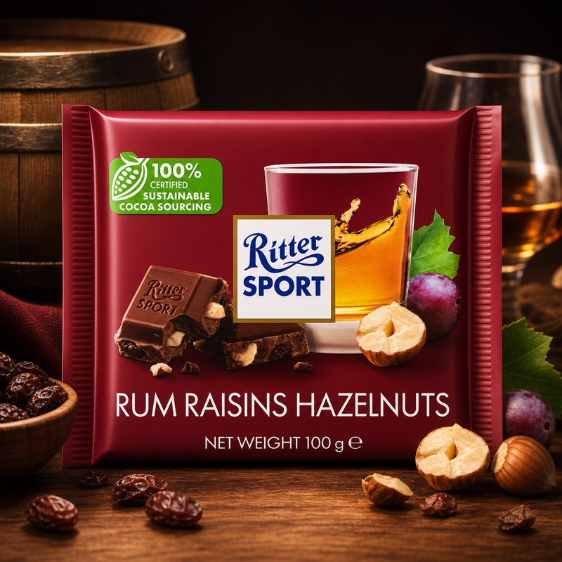 Ritter Sport Rum Raisins Hazelnuts Milk Chocolate Bar 100g