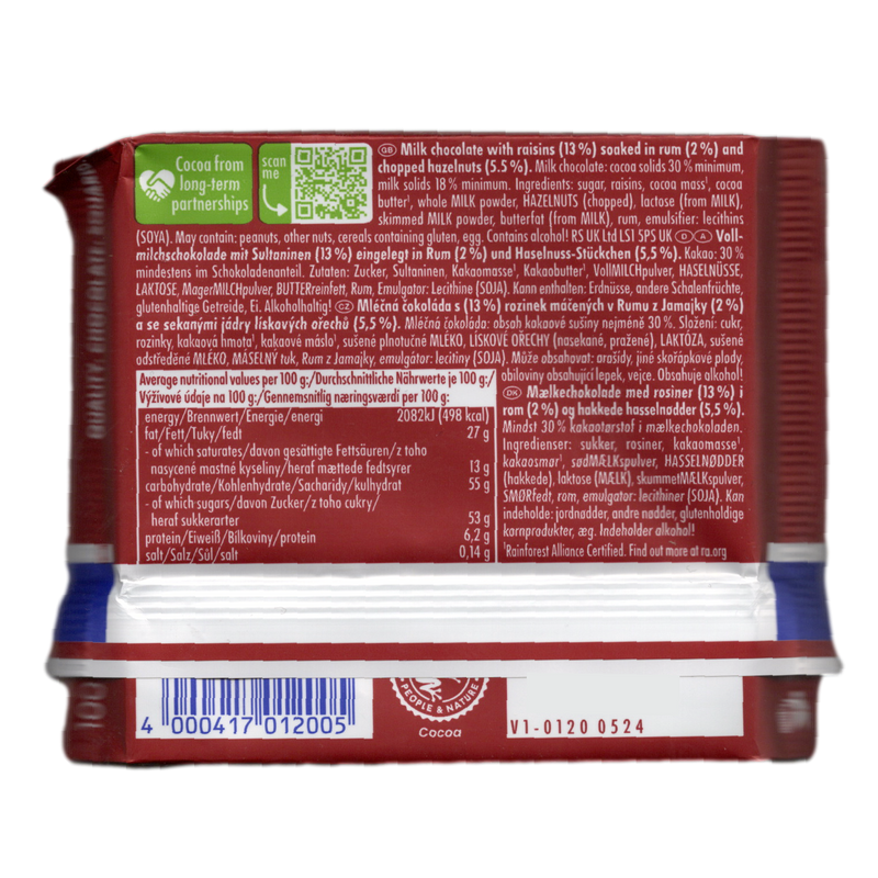 Ritter Sport Rum Raisins Hazelnuts Milk Chocolate Bar 100g