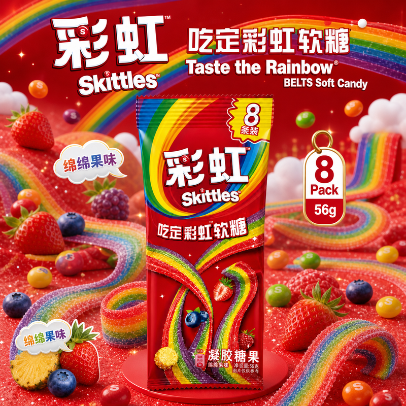 Skittles Taste the Rainbow BELTS Soft Candy (CHINA) 8 Pack 56g