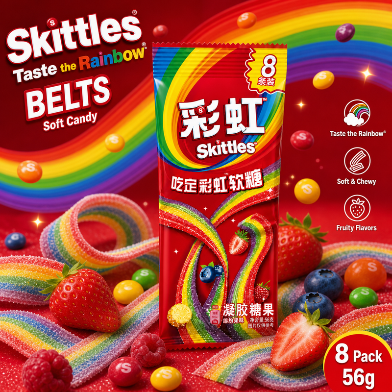 Skittles Taste the Rainbow BELTS Soft Candy (CHINA) 8 Pack 56g