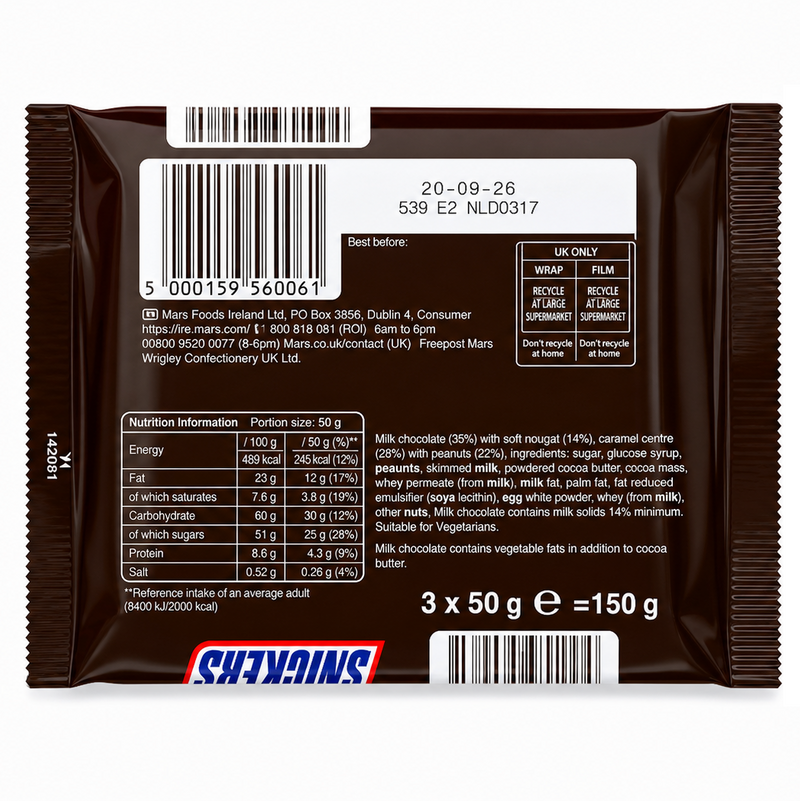 Snickers Peanut Multipack Chocolate Bars 3 Pack 150g