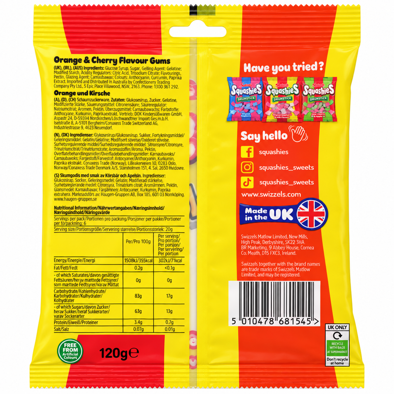 Swizzels Squashies Double Dip Orange & Cherry Bag 120g