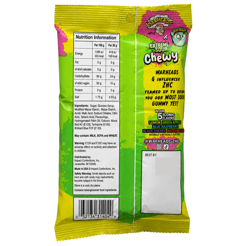 Warheads Extreme Sour CHEWY ZHC COLLAB Gummies Bag (USA) 127g
