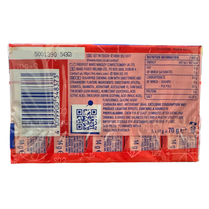 Wrigleys Extra Strawberry Chewing Gum 5 Pack Sugar Free 5 X 14g (70g)