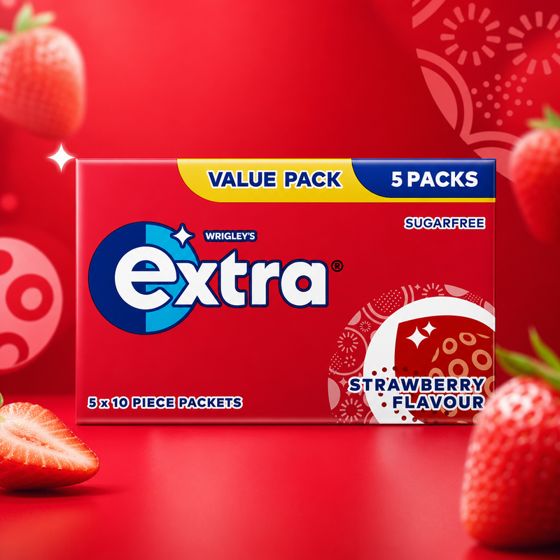 Wrigleys Extra Strawberry Chewing Gum 5 Pack Sugar Free 5 X 14g (70g)