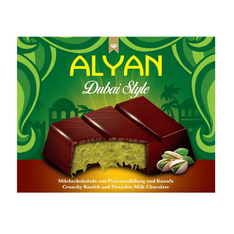 Alyan Dubai Style KUNAFA PISTACHIO Milk Chocolate Bar (IMPORT) 100g - Happy Candy UK LTD