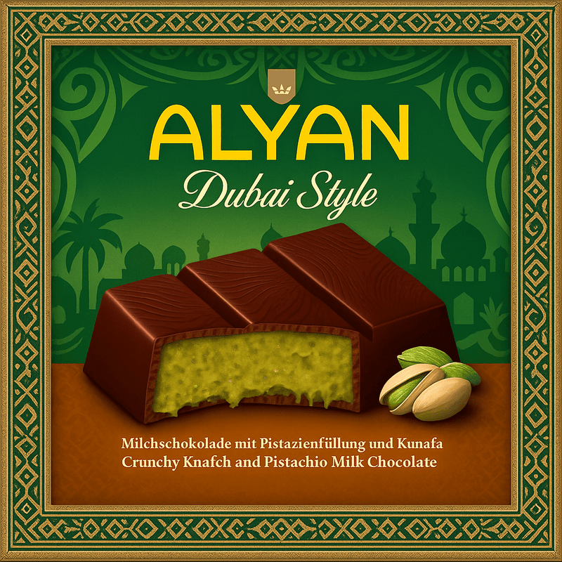 Alyan Dubai Style KUNAFA PISTACHIO Milk Chocolate Bar (IMPORT) 100g - Happy Candy UK LTD