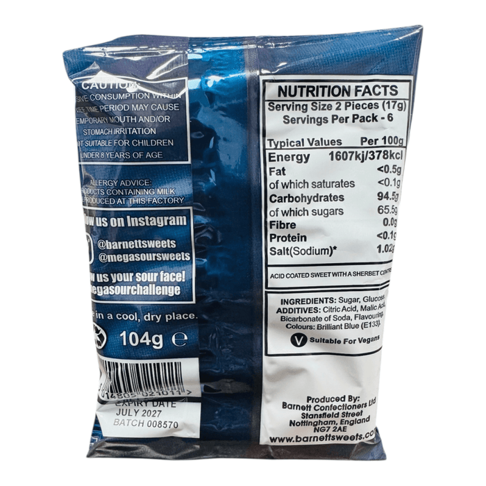 Barnetts Mega Sour Raspberry 12 Pack Bag 104g
