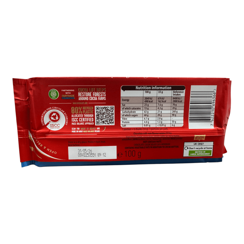 Cadbury Bournville Old Jamaica Dark Chocolate Rum & Raisin Share Bar 100g