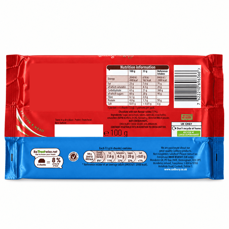 Cadbury Bournville Old Jamaica Dark Chocolate Rum & Raisin Share Bar 100g