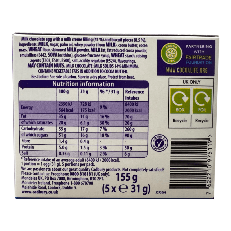 Cadbury Chocolate Oreo Eggs 5 Pack 155g