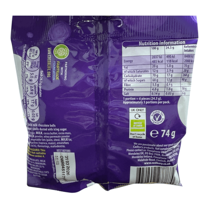Cadbury Dairy Milk Chocolate Mini Snow Balls Bag 74g