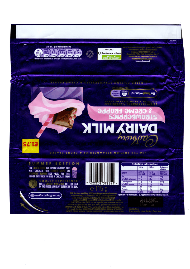 Cadbury Dairy Milk Strawberries & Creme Frappe Chocolate Bar 115g