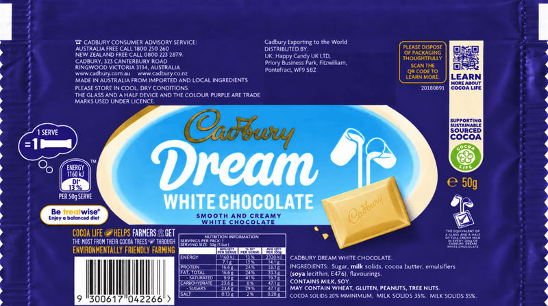 Cadbury Dream White Chocolate Bar (AUSTRALIA) 50g