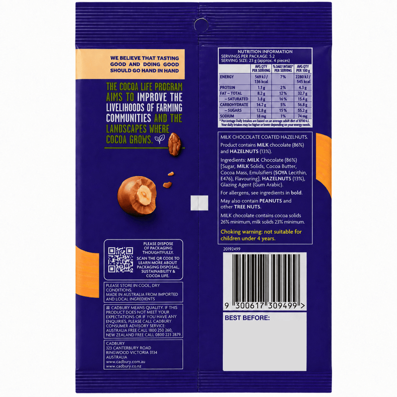Cadbury HAZELNUT Milk Chocolate Balls Bag (AUSTRALIA) 130g