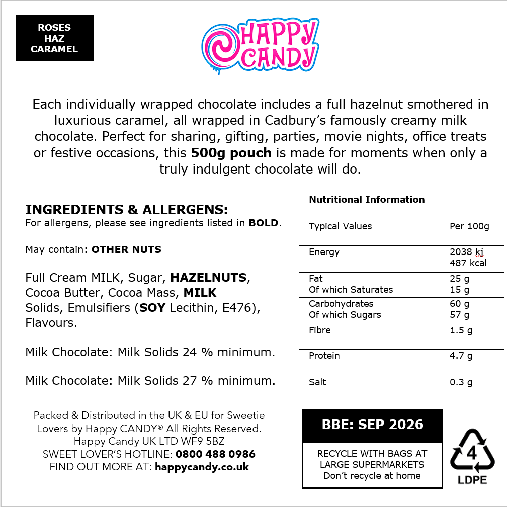 Cadbury Roses Hazelnut Caramel 42 Piece Gift Pouch 500g — Happy Candy ...