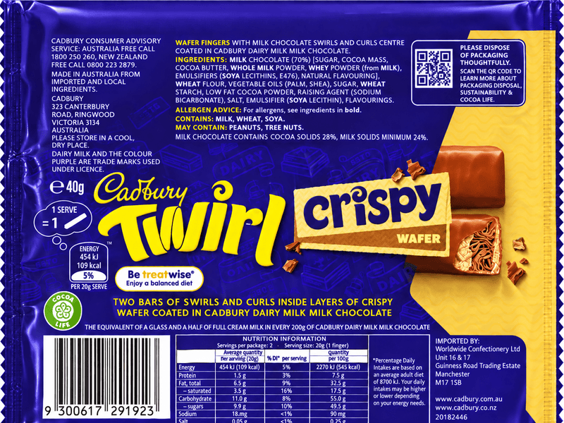 Cadbury Twirl CRISPY WAFER Milk Chocolate Bar (AUSTRALIA) 40g