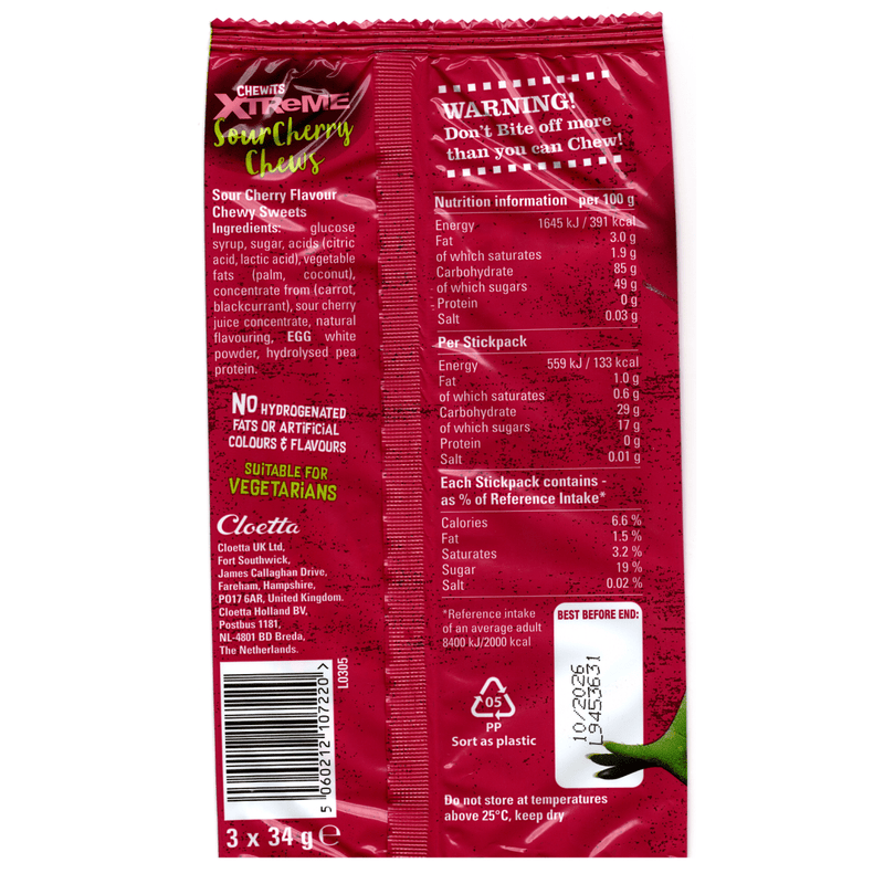 Chewits XTREME Extremely Sour Cherry Chews Multipack (3x34g)