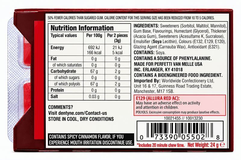 Dentyne FIRE SPICY CINNAMON 16 Piece Sugar Free Chewing Gum (USA) 24g