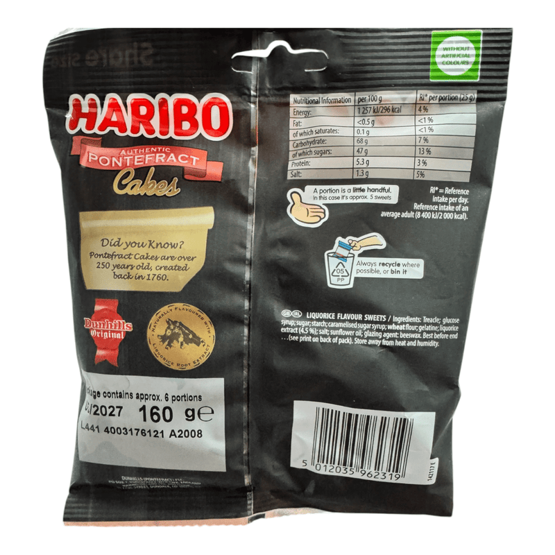 Haribo AUTHENTIC PONTEFRACT Cakes Soft Liquorice Share Bag 160g