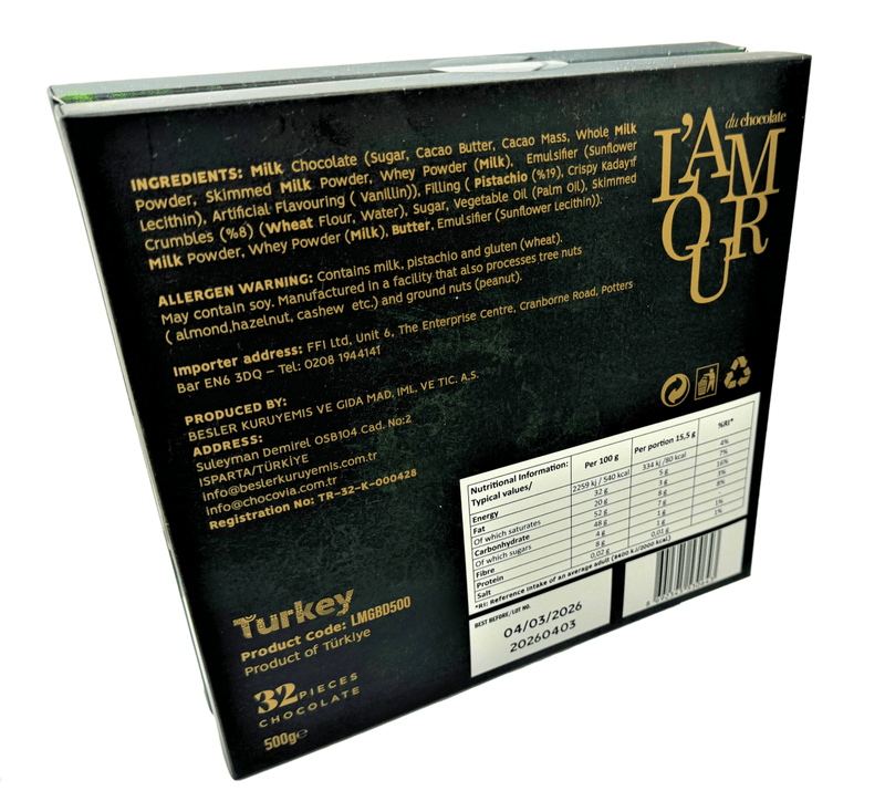 L'AMOUR Dubai Style Pistachio Milk Chocolates 32 Piece Gift Box 500g - Happy Candy UK LTD