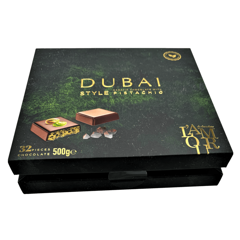 L'AMOUR Dubai Style Pistachio Milk Chocolates 32 Piece Gift Box 500g - Happy Candy UK LTD