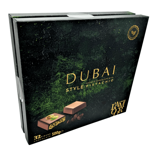 L'AMOUR Dubai Style Pistachio Milk Chocolates 32 Piece Gift Box 500g - Happy Candy UK LTD