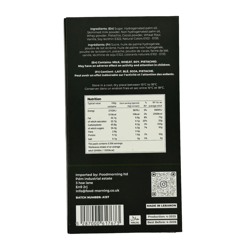 LE PROFESSEUR Dubai Style Pistachio DARK Chocolate Bar (IMPORT) 90g - Happy Candy UK LTD