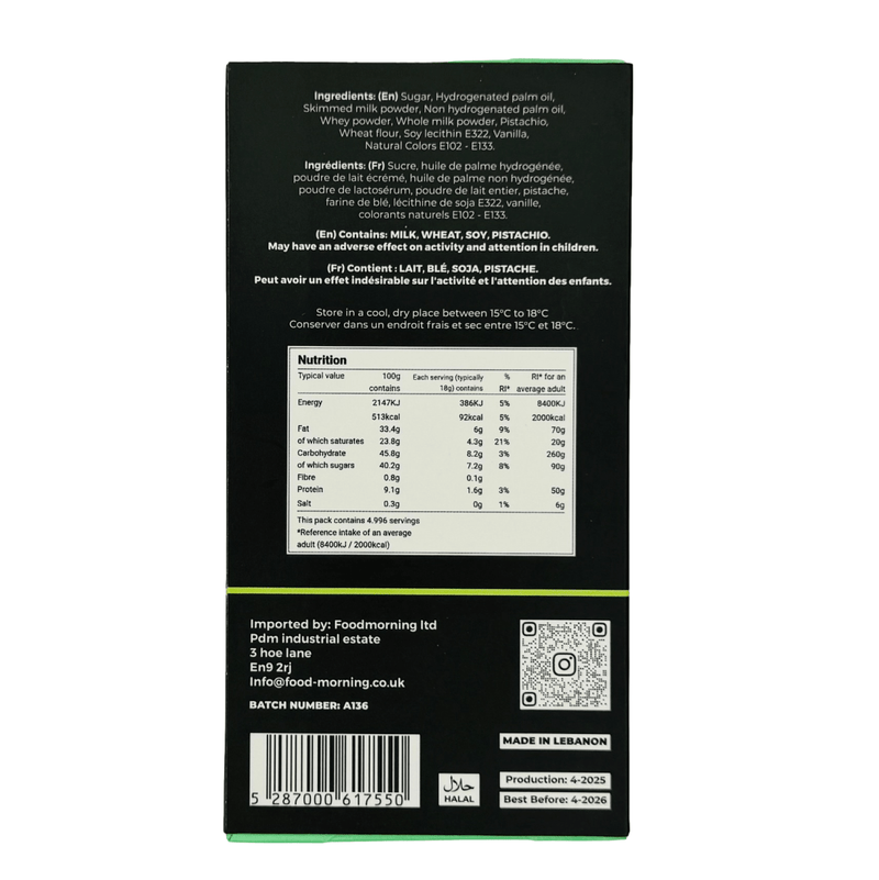 LE PROFESSEUR Dubai Style Pistachio WHITE Chocolate Bar (IMPORT) 90g - Happy Candy UK LTD