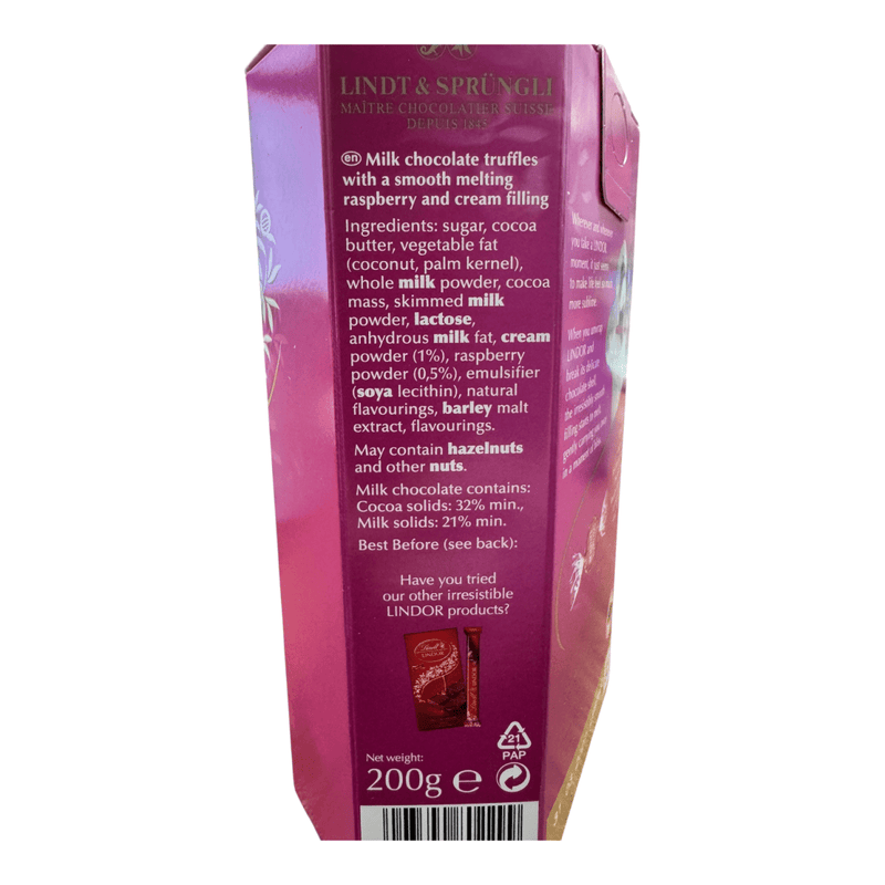 Lindt Lindor Raspberry & Cream Milk Chocolate Truffles Box 200g