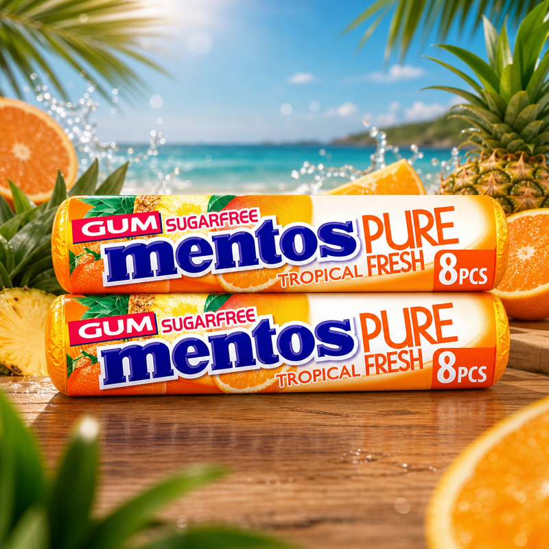 Mentos Pure Fresh TROPICAL Sugar Free Chewing Gum 16 Piece (2X15g)