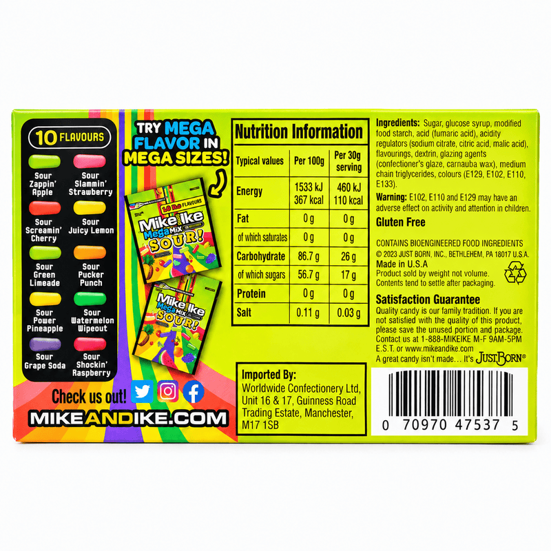 Mike And Ike Mega Mix Sour 10 Flavour Theatre Box 120g