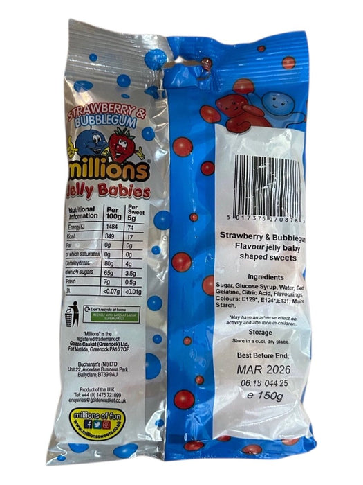 Millions Strawberry & Bubblegum Jelly Babies 150g - Happy Candy UK LTD