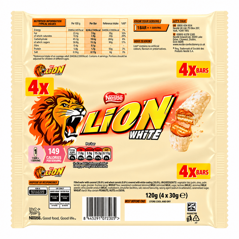 Nestle LION Bar WHITE Chocolate Bars 4 Pack Multipack (4x30g) 120g