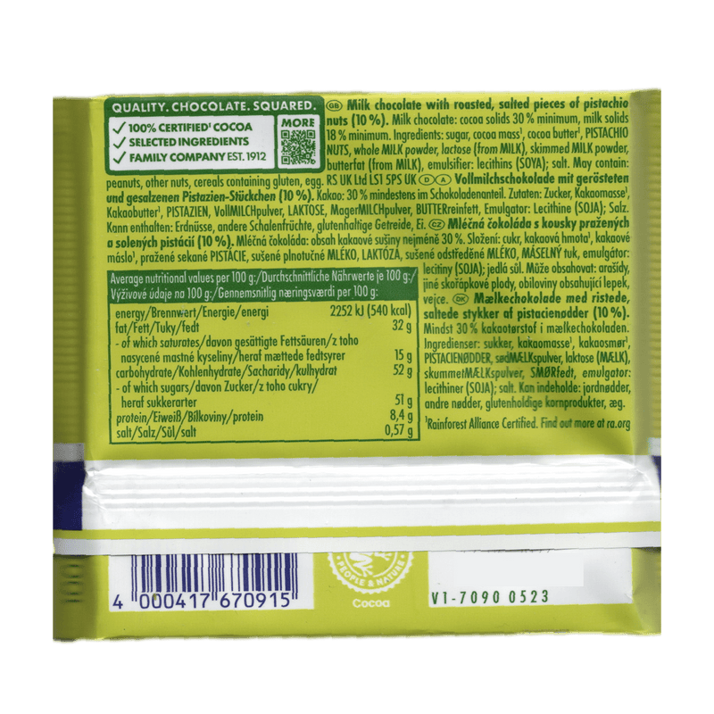 Ritter Sport Pistachio Milk Chocolate Bar 100g