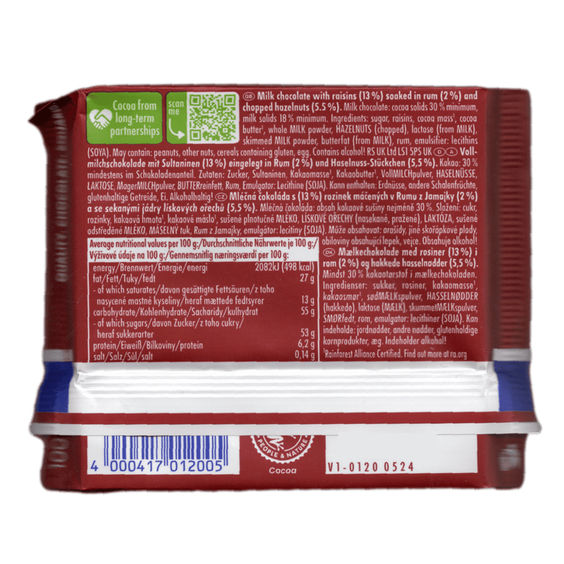 Ritter Sport Rum Raisins Hazelnuts Milk Chocolate Bar 100g