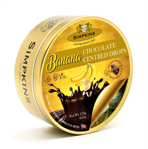 Simpkins Chocolate Centred Banana Drops Travel Tin 175g - Happy Candy UK LTD