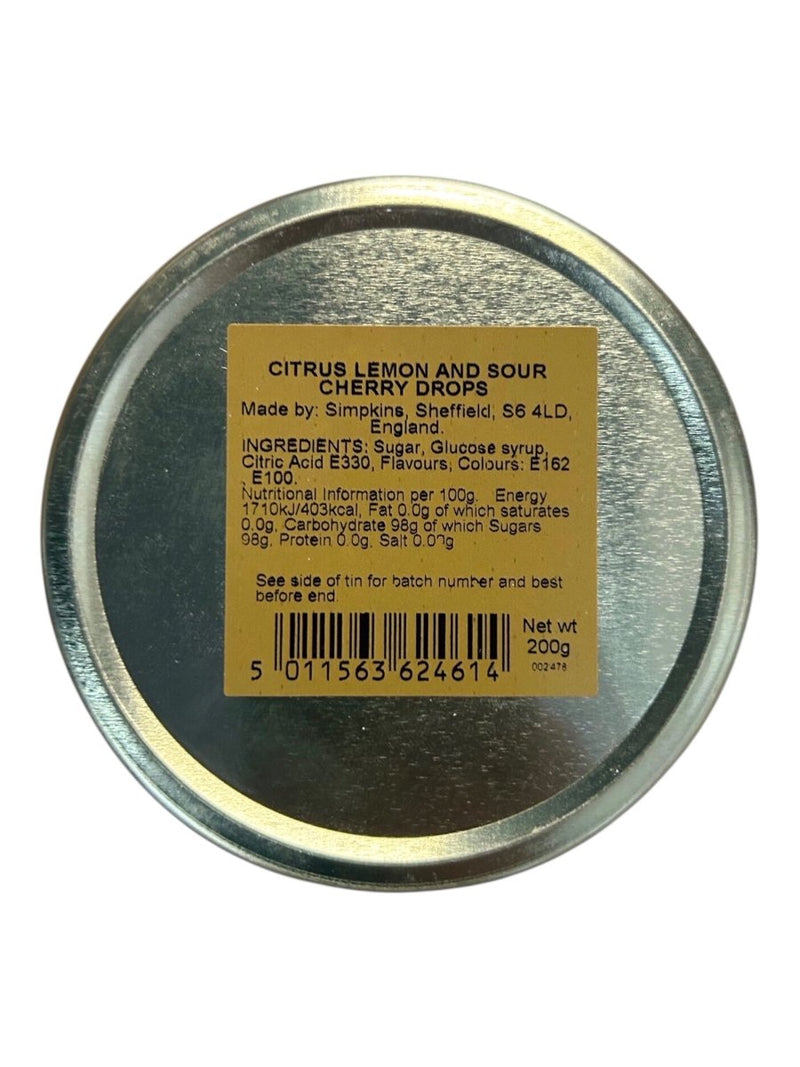 Simpkins Citrus Lemon & Sour Cherry Drops Travel Tin 200g - Happy Candy UK LTD